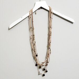 Plunder Rhiannon Tan Suede Leather Necklace Gold Beads Discs 20" Boho Festival
